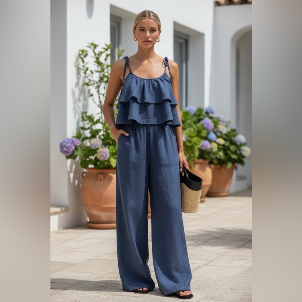 Royal Blue Ruffle Crop Cami Wide Leg Pants Set Beach Resort - Picture 6 of 6
